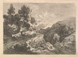 Free download Landscape with a Figure Herding Cattle Along a Road Beside a Cottage, a Hillside at Left, a Forest in the Valley Below at Right (from Imitations of Modern Drawings) free photo or picture to be edited with GIMP online image editor