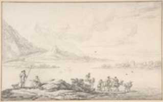Free download Landscape with mountains and a lake, figures in the foreground free photo or picture to be edited with GIMP online image editor