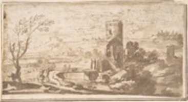 Free download Landscape with Round Tower and Figures Crossing a Bridge free photo or picture to be edited with GIMP online image editor