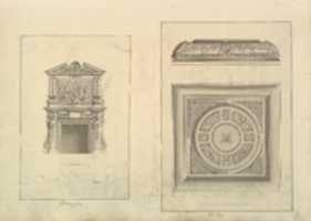 Free download Leaf from Aedes Walpolianae mounted with two drawings: (a): Hall Chimney-Piece, Houghton Hall, Norfolk; (b): Hall Ceiling, Houghton Hall, Norfolk free photo or picture to be edited with GIMP online image editor
