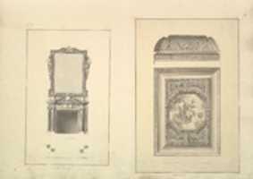 Free download Leaf from Aedes Walpolianae mounted with two drawings: (a): Salon Chimney, Houghton Hall, Norfolk, Elevation; (b): Salon Ceiling, Houghton Hall, Norfolk free photo or picture to be edited with GIMP online image editor