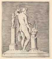Free download Man with Torch between Flaming Altar and Statuette free photo or picture to be edited with GIMP online image editor