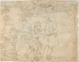 Free download Military Cavaliers Entering Town Accompanied by a Turbaned Torch-bearer. In the foreground: Two Seated Women and a Child (recto); Several Cooks, and Two Pages with a Platter in a Kitchen Yard (verso) free photo or picture to be edited with GIMP online image editor