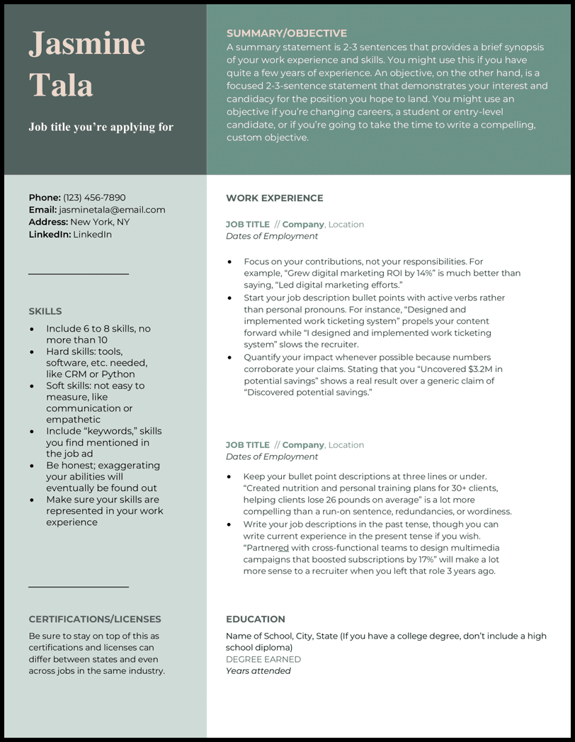 Modern Word resume template with green contact header and sidebar