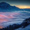 Mystical Fog Over Snowy Mountains at Sunset  screen for extension Chrome web store in OffiDocs Chromium