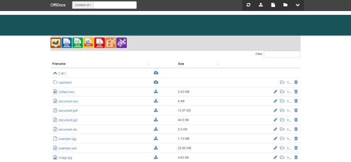 ഏത് തരത്തിലുള്ള ഫയലുകളും സൃഷ്ടിക്കാൻ ബട്ടണുകളുള്ള OffiDocs ഫയൽ മാനേജർ: pdf, doc, ppt, ചിത്രങ്ങൾ, ഓഡിയോ, വീഡിയോ