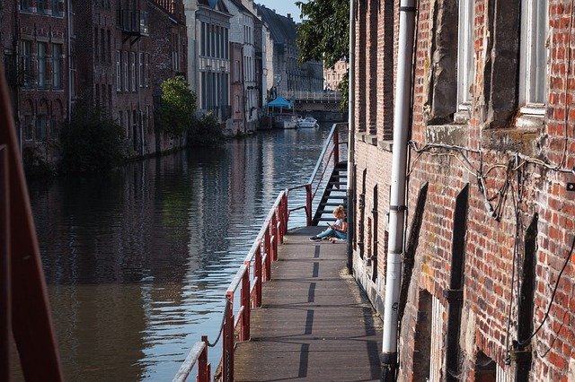Free download river houses path woman walkway free picture to be edited with GIMP free online image editor