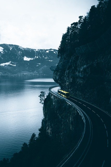 Free download road cliff river mountain bus free picture to be edited with GIMP free online image editor
