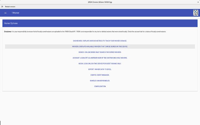 1RISK Chrome 1Waiver KIOSK App  from Chrome web store to be run with OffiDocs Chromium online