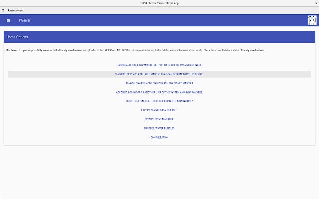 1RISK Chrome 1Waiver KIOSK App dal web store di Chrome da eseguire con OffiDocs Chromium online