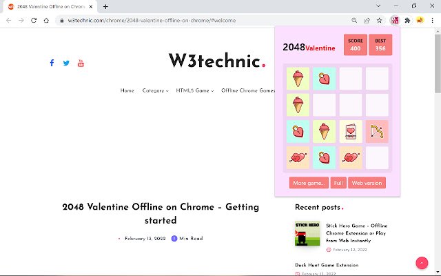 Chrome ウェブストアの 2048 バレンタイン オフライン ゲームを OffiDocs Chromium online で実行