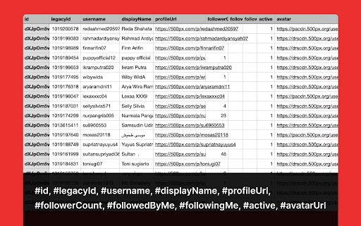 500Fo Export followers for 500px  from Chrome web store to be run with OffiDocs Chromium online