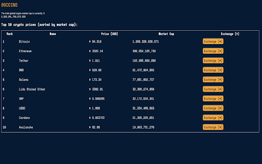 89COINS Crypto Prices Live  from Chrome web store to be run with OffiDocs Chromium online