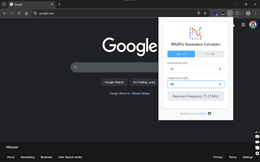 9M2PJU Resonance Calculator  from Chrome web store to be run with OffiDocs Chromium online