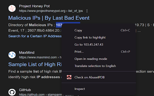 AbuseIPDB Check  from Chrome web store to be run with OffiDocs Chromium online