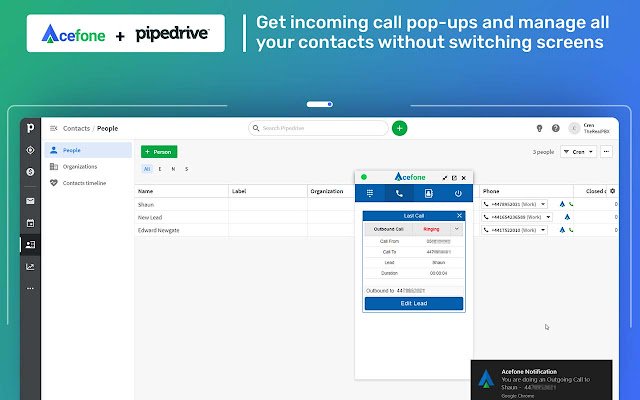 Extension Acefone pour Pipedrive de la boutique en ligne Chrome à exécuter avec OffiDocs Chromium en ligne