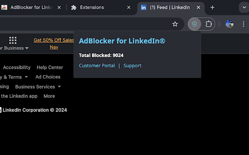 AdBlocker for LinkedIn®  from Chrome web store to be run with OffiDocs Chromium online