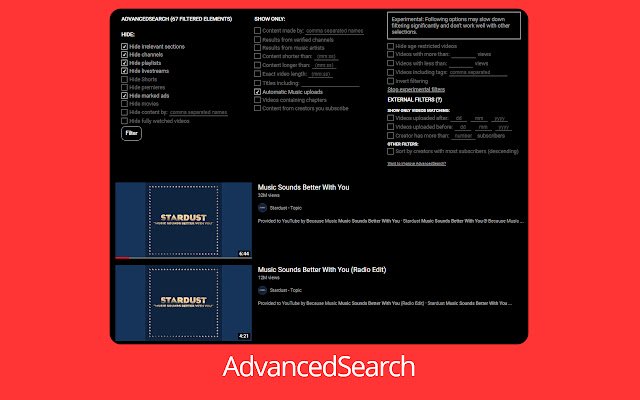 AdvancedSearch for YouTube  from Chrome web store to be run with OffiDocs Chromium online