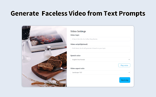AI Faceless Video Generator  from Chrome web store to be run with OffiDocs Chromium online