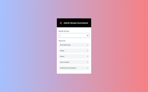 Airbnb Review Summarizer  from Chrome web store to be run with OffiDocs Chromium online