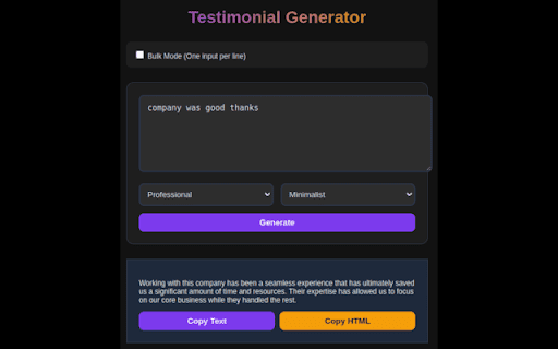 AI Testimonial Generator from Chrome web store to be run with OffiDocs Chromium online AI Testimonial Generator from Chrome web store to be run with OffiDocs Chromium online