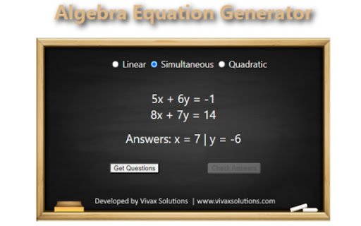 Algebra Equation Generator  from Chrome web store to be run with OffiDocs Chromium online