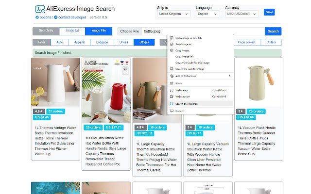 Wyszukiwarka obrazów AliExpress ze sklepu internetowego Chrome do uruchomienia z OffiDocs Chromium online