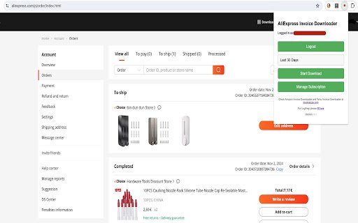 AliExpress Invoice Downloader  from Chrome web store to be run with OffiDocs Chromium online