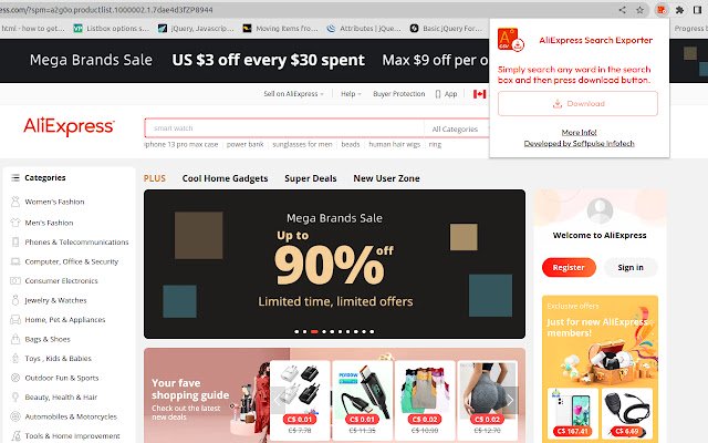 AliExpress Search Exporter  from Chrome web store to be run with OffiDocs Chromium online