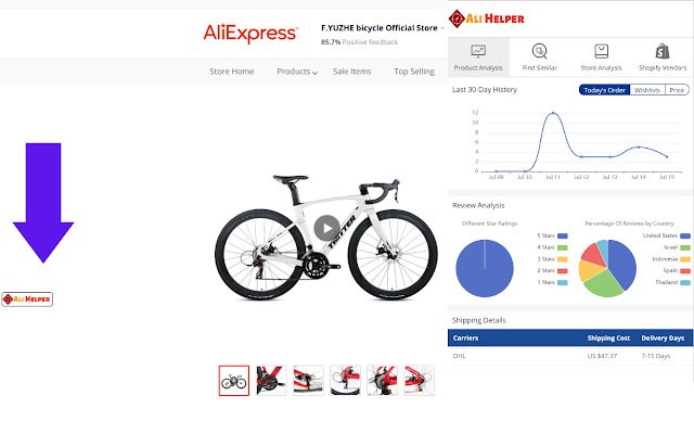 Chrome 网上商店的 AliHelper AliExpress 产品研究工具将与 OffiDocs Chromium 在线运行