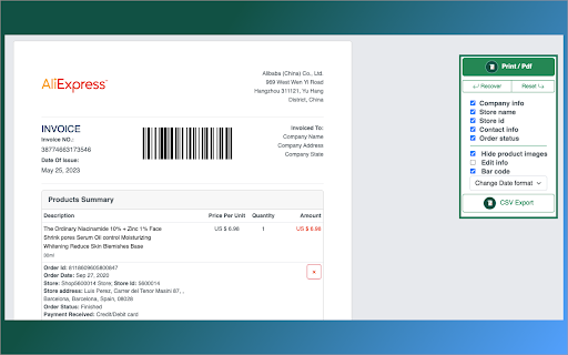 Ali Invoice uit de Chrome-webwinkel wordt uitgevoerd met OffiDocs Chromium online