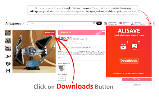 AliSaver pro Download aliexpress images  from Chrome web store to be run with OffiDocs Chromium online