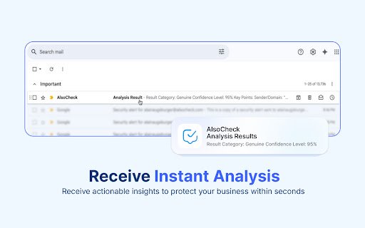 AlsoCheck – Email Scam Detector for Gmail  from Chrome web store to be run with OffiDocs Chromium online