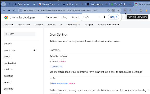 Always Show Zoom  from Chrome web store to be run with OffiDocs Chromium online