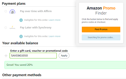 Amazon Promo Code Finder from Chrome web store to be run with OffiDocs Chromium online Amazon Promo Code Finder from Chrome web store to be run with OffiDocs Chromium online
