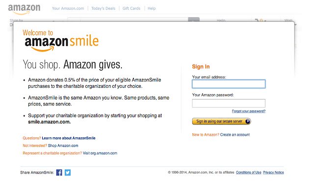 Amazon Smile Switcher จาก Chrome เว็บสโตร์ที่จะทำงานร่วมกับ OffiDocs Chromium ทางออนไลน์