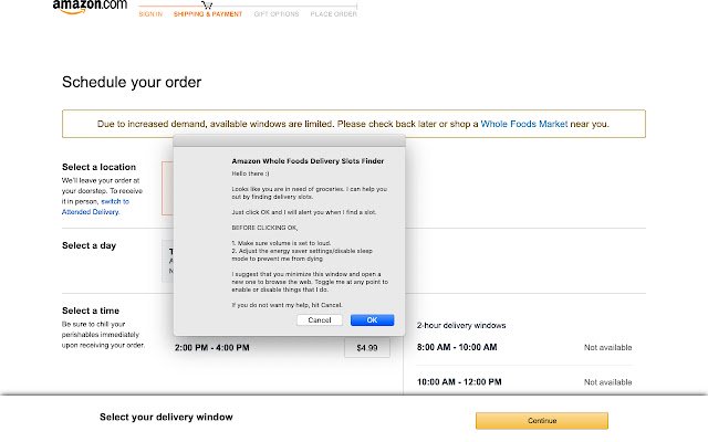 Amazon Whole Foods Delivery Slots Finder  from Chrome web store to be run with OffiDocs Chromium online