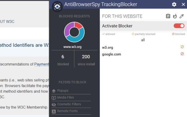 Chrome 网上商店的 AntiBrowserSpy TrackingBlocker SE 将与 OffiDocs Chromium 在线运行