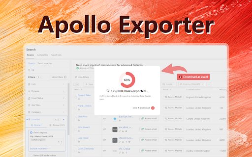 Apollo Exporter Export Apollo.io Data  from Chrome web store to be run with OffiDocs Chromium online