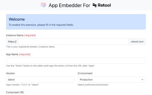 App Embedder for Retool  from Chrome web store to be run with OffiDocs Chromium online