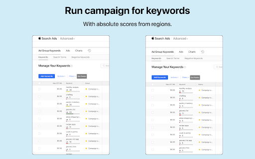 Apple Search Ads Extension by Appvector  from Chrome web store to be run with OffiDocs Chromium online