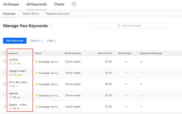 Apple Search Ads Keyword Popularity Viewer  from Chrome web store to be run with OffiDocs Chromium online