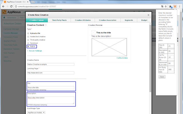 AppNexus NativeAds Textfield MaxLength Config dari toko web Chrome untuk dijalankan dengan OffiDocs Chromium online