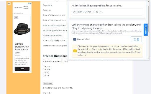 Archer AI powered math tutor  from Chrome web store to be run with OffiDocs Chromium online