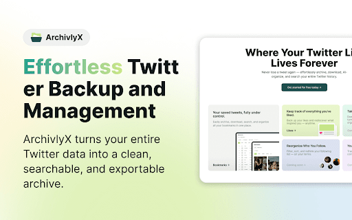 ArchivlyX – Manage Export Your Twitter Data from Chrome web store to be run with OffiDocs Chromium online ArchivlyX – Manage Export Your Twitter Data from Chrome web store to be run with OffiDocs Chromium online