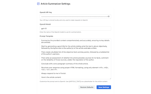 Article Summarizer with OpenAI  from Chrome web store to be run with OffiDocs Chromium online
