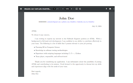 Atsify Cover Letter Writer  from Chrome web store to be run with OffiDocs Chromium online