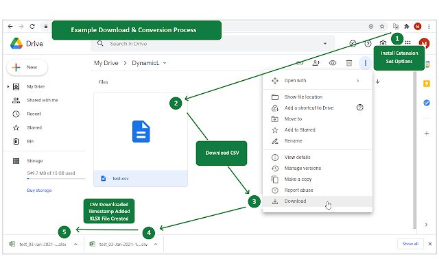 Converti automaticamente CSV in XLSX dal Chrome Web Store per essere eseguito con OffiDocs Chromium online