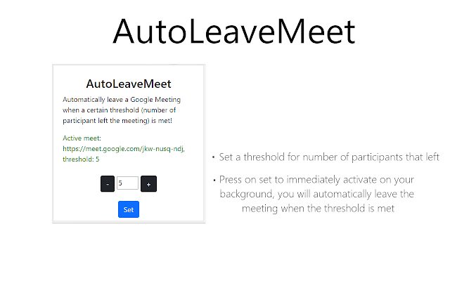 AutoLeaveMeet: OffiDocs Chromium ഓൺലൈനിൽ പ്രവർത്തിപ്പിക്കാൻ Chrome വെബ് സ്റ്റോറിൽ നിന്നുള്ള Google Meet ഓട്ടോ ലീവർ
