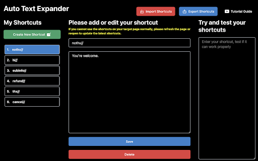 Auto Text Expander: Text Shortcuts Snippets from Chrome web store to be run with OffiDocs Chromium online Auto Text Expander: Text Shortcuts Snippets from Chrome web store to be run with OffiDocs Chromium online